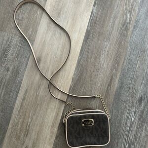 Michael Kors Brown MK Logo Crossbody with Cream Trim and Gold Chain